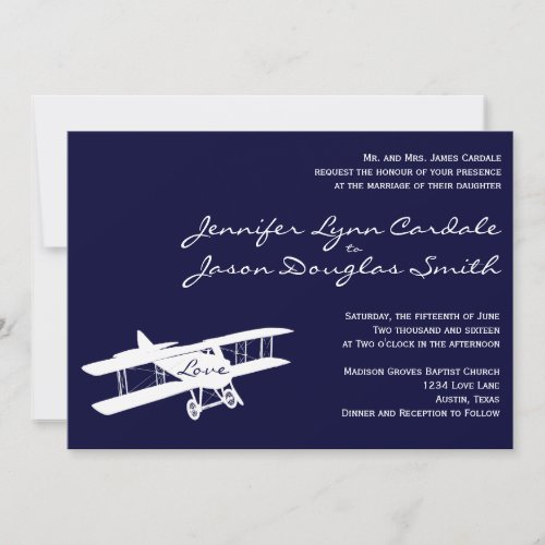 Vintage Biplane Aviator Blue Wedding Invitations