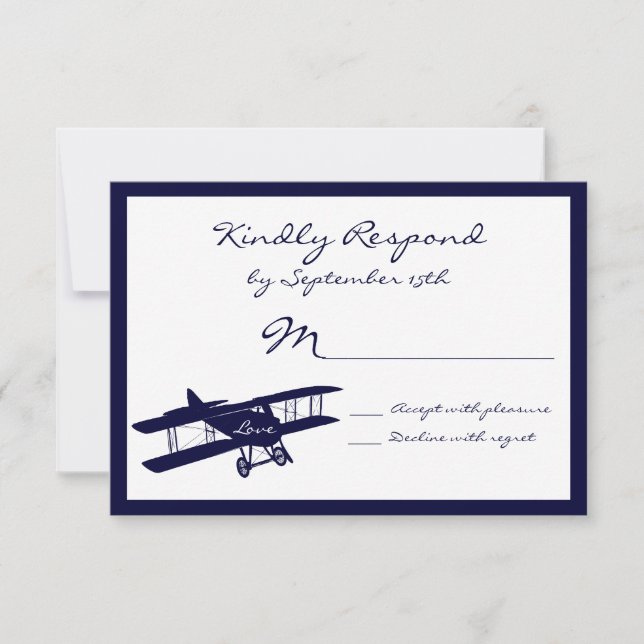 Vintage Biplane Aviator Blue Wedding RSVP Cards (Front)