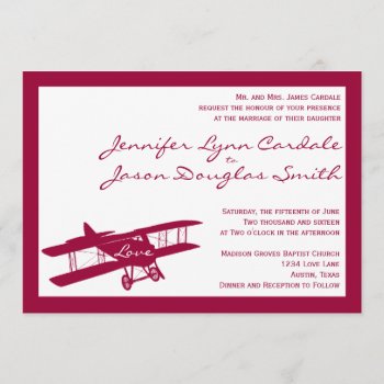 Vintage Biplane Aviator Magenta Wedding Invitation by CustomWeddingSets at Zazzle