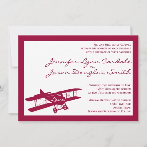 Vintage Biplane Aviator Magenta Wedding Invitation