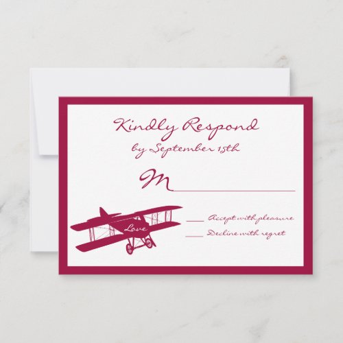 Vintage Biplane Aviator Magenta Wedding RSVP Cards