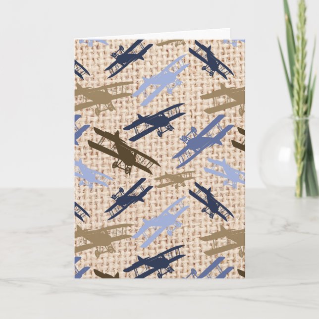 Vintage Biplane Burlap Print Airplane Pattern Card (Front)