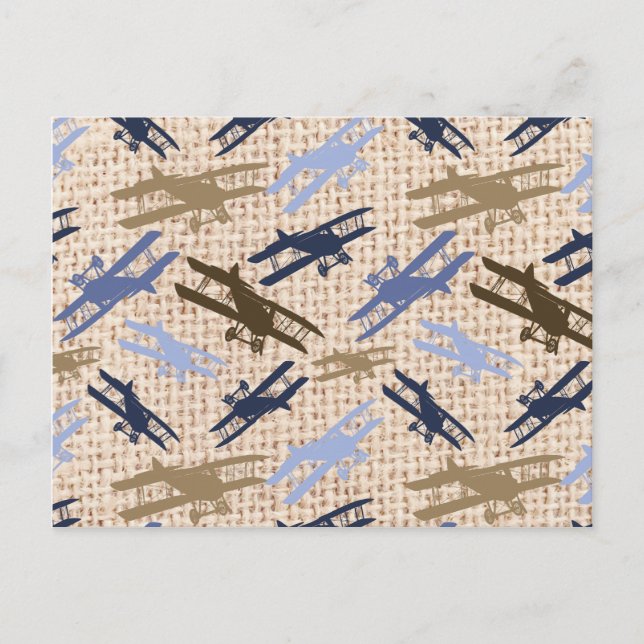 Vintage Biplane Burlap Print Airplane Pattern Postcard (Front)