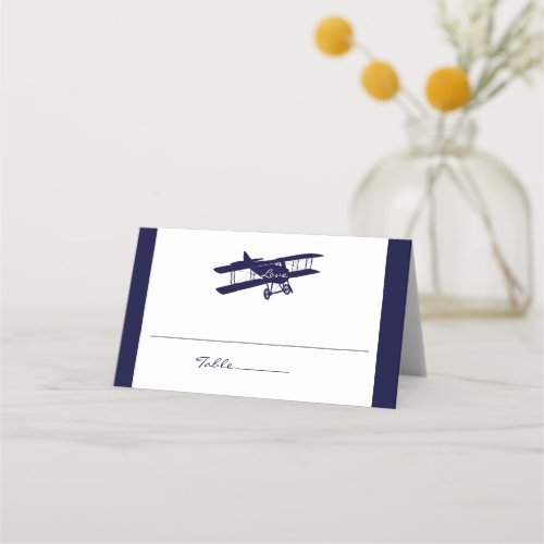 Vintage Biplane Dark Navy Blue Wedding Place Card