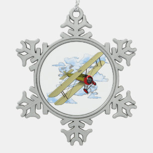 Vintage Biplane Flying Snowflake Pewter Christmas Ornament