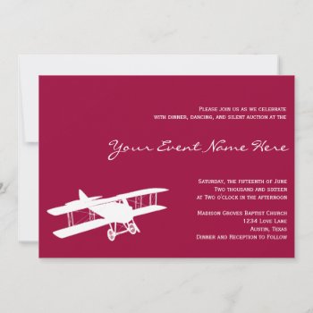 Vintage Biplane Magenta Pink Event Invitation by CustomWeddingSets at Zazzle