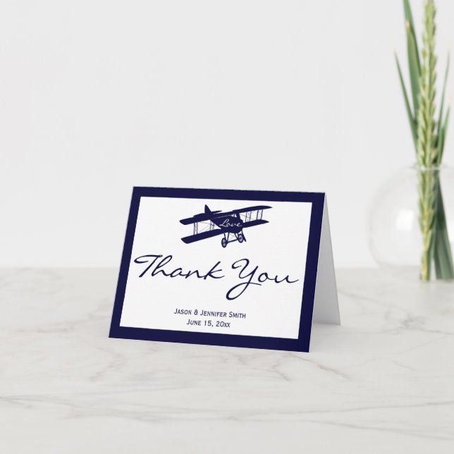 Vintage Biplane Personalized Wedding Airplane Thank You Card (Front)