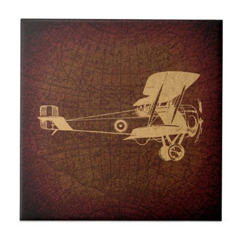 Vintage Biplane Plane Antique Airplane with Map Ceramic Tile