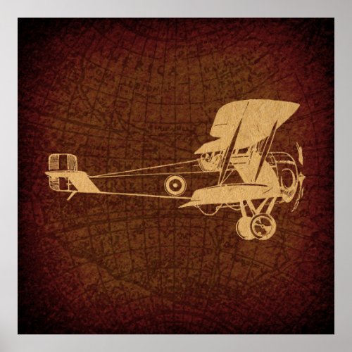 Vintage Biplane Plane Antique Airplane with Map Poster