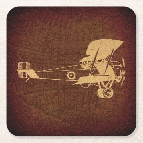 Vintage Biplane Plane Antique Airplane with Map Square Paper Coaster