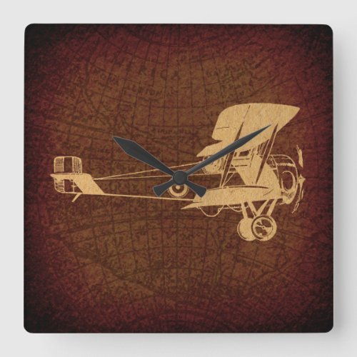 Vintage Biplane Plane Antique Airplane with Map Square Wall Clock