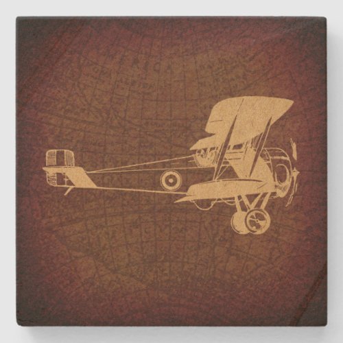 Vintage Biplane Plane Antique Airplane with Map Stone Coaster