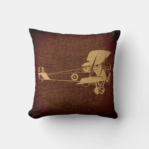 Vintage Biplane Plane Antique Airplane with Map Throw Pillow