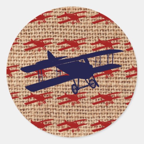 Vintage Biplane Propeller Airplane on Burlap Print Classic Round Sticker