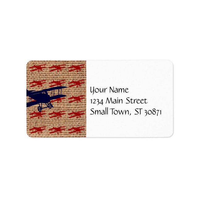 Vintage Biplane Propeller Airplane on Burlap Print Label (Front)