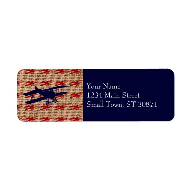 Vintage Biplane Propeller Airplane on Burlap Print Label (Front)