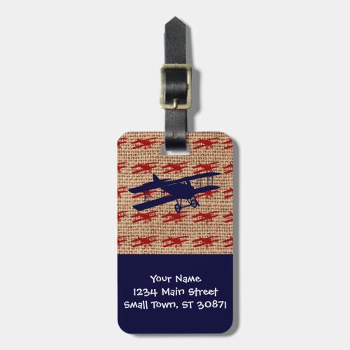 Vintage Biplane Propeller Airplane on Burlap Print Luggage Tag