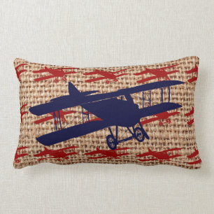 Vintage Biplane Propeller Airplane on Burlap Print Lumbar Pillow