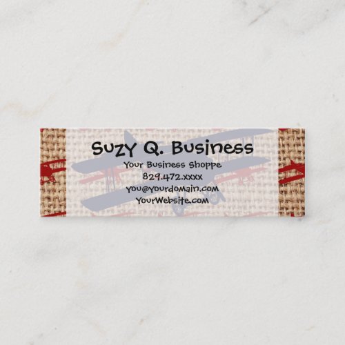 Vintage Biplane Propeller Airplane on Burlap Print Mini Business Card