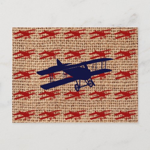 Vintage Biplane Propeller Airplane on Burlap Print Postcard
