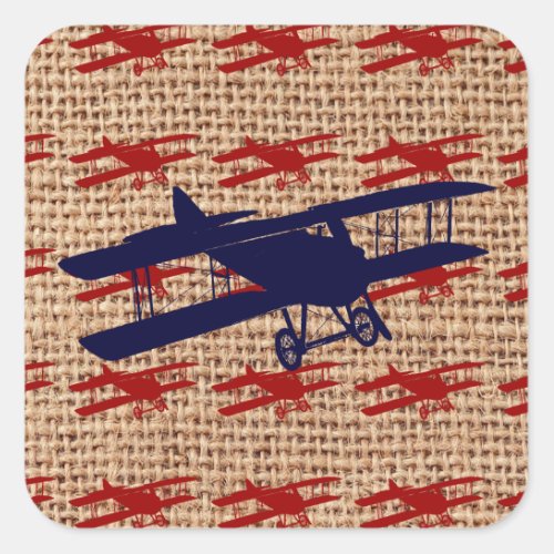 Vintage Biplane Propeller Airplane on Burlap Print Square Sticker