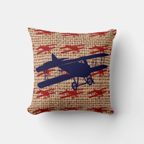 Vintage Biplane Propeller Airplane on Burlap Print Throw Pillow