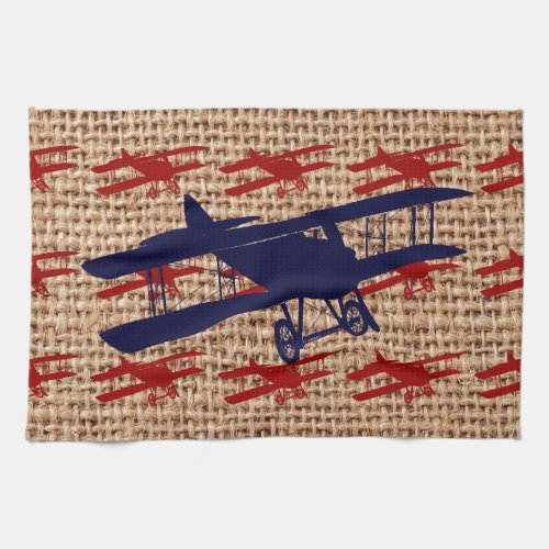 Vintage Biplane Propeller Airplane on Burlap Print Towel