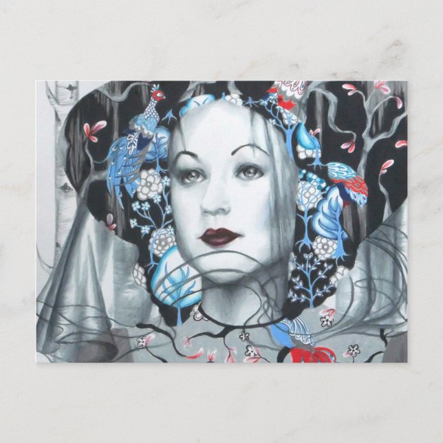 Vintage Birch Trees Peacock Art Postcard (Front)