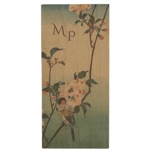 Vintage Bird and Blossom Illustration Wood Flash Drive