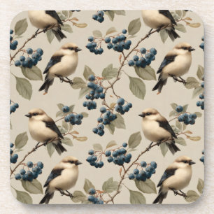 Vintage Bird and Blueberry Seamless Pattern Beverage Coaster