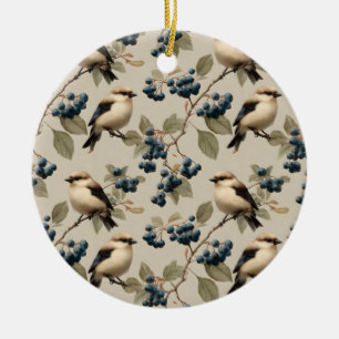 Vintage Bird and Blueberry Seamless Pattern Ceramic Ornament