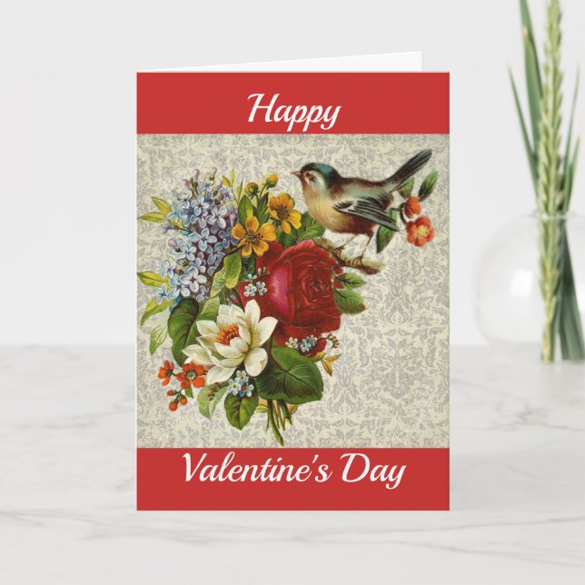 Vintage Bird And Bouquet Valentine Holiday Card (Front)
