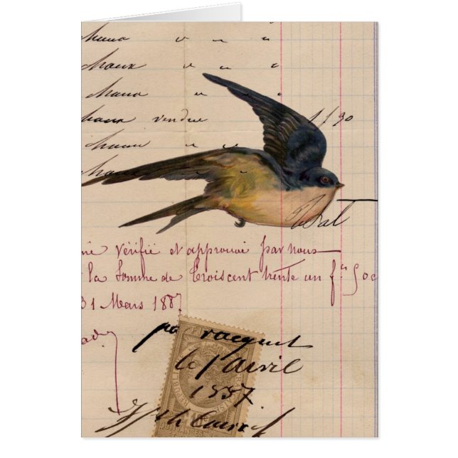 Vintage Bird and Ledger Paper Digital Art Cards (Front)