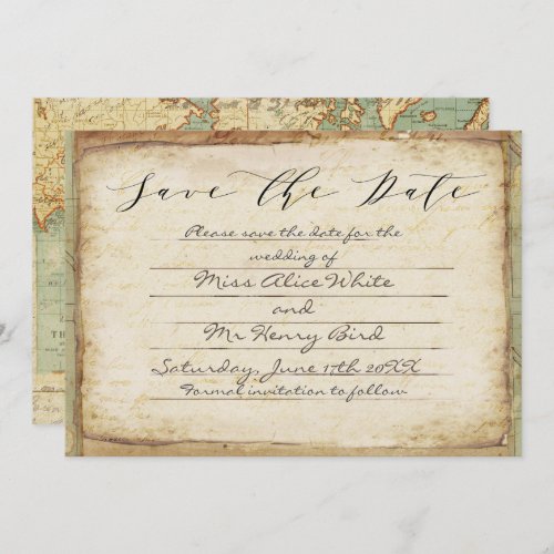 Vintage bird and map teal Wedding Save the date