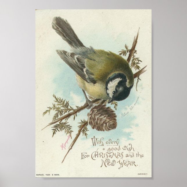Vintage Bird and Pinecone, Christmas Poster (Front)