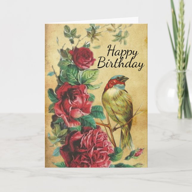 Vintage Bird and Roses Happy Birthday Card (Front)