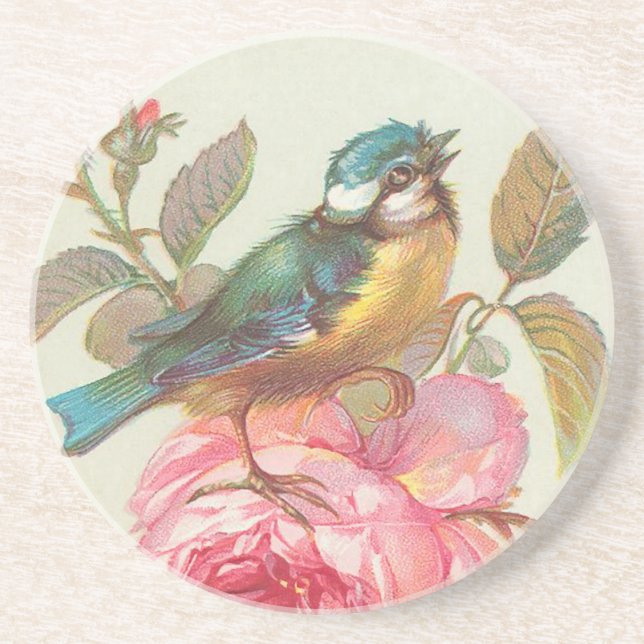 Vintage Bird and Roses Sandstone Coaster (Front)