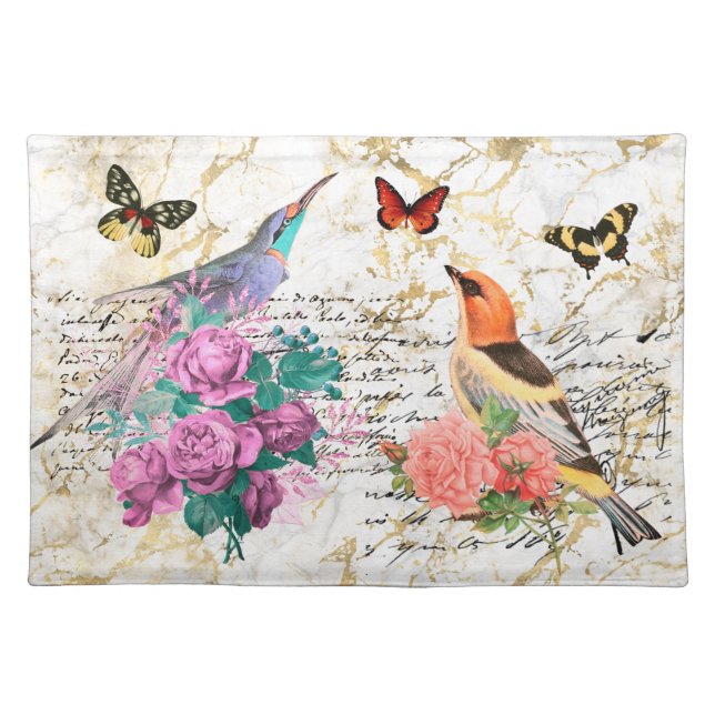 Vintage Bird Art, Flowers, Butterflies, Letters Cloth Placemat (Front)