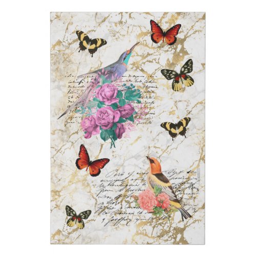 Vintage Bird Art Flowers Butterflies Letters Faux Canvas Print