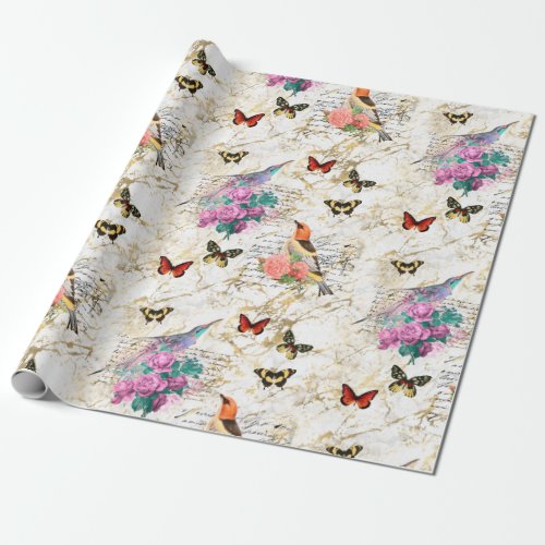 Vintage Bird Art Flowers Butterflies Old Letters Wrapping Paper