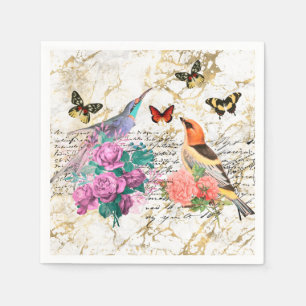 Vintage Bird Art, Flowers Old Letters Decoupage Napkins