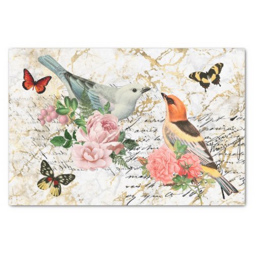 Vintage Bird Art Flowers Old Letters Decoupage Tissue Paper