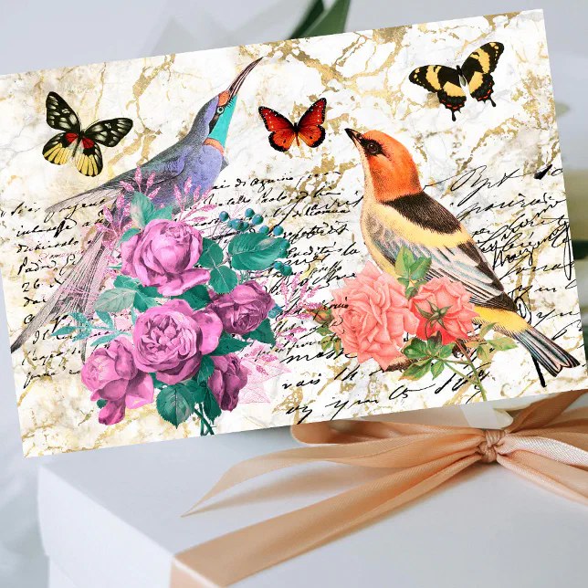 Vintage Bird Art, Flowers Old Letters Decoupage Tissue Paper | Zazzle