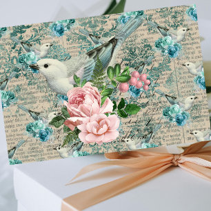Vintage Bird Art, Flowers Old Letters Tissue Paper