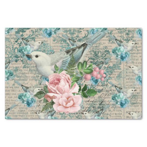 Vintage Bird Art Flowers Old Letters Tissue Paper