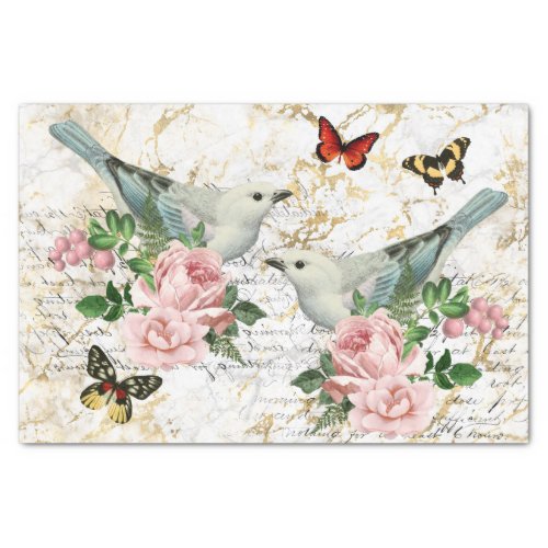 Vintage Bird Art Pink Roses Old Letters Decoupage Tissue Paper