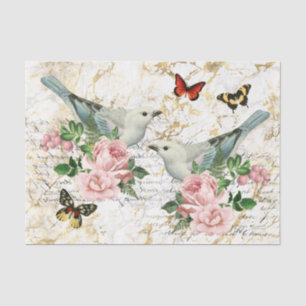 Vintage Bird Art, Pink Roses Old Letters Decoupage Tissue Paper