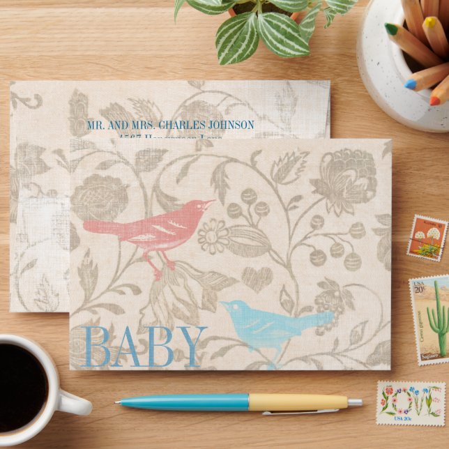 Vintage Bird Baby Girl Shower Invitations Envelope (Desk)