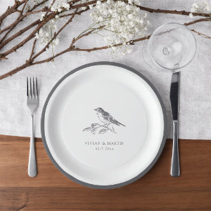 Vintage Bird Black And White Wedding Paper Plates