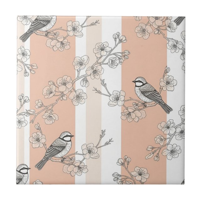 Vintage Bird Blossom Toile Stripe (10) Ceramic Tile (Front)